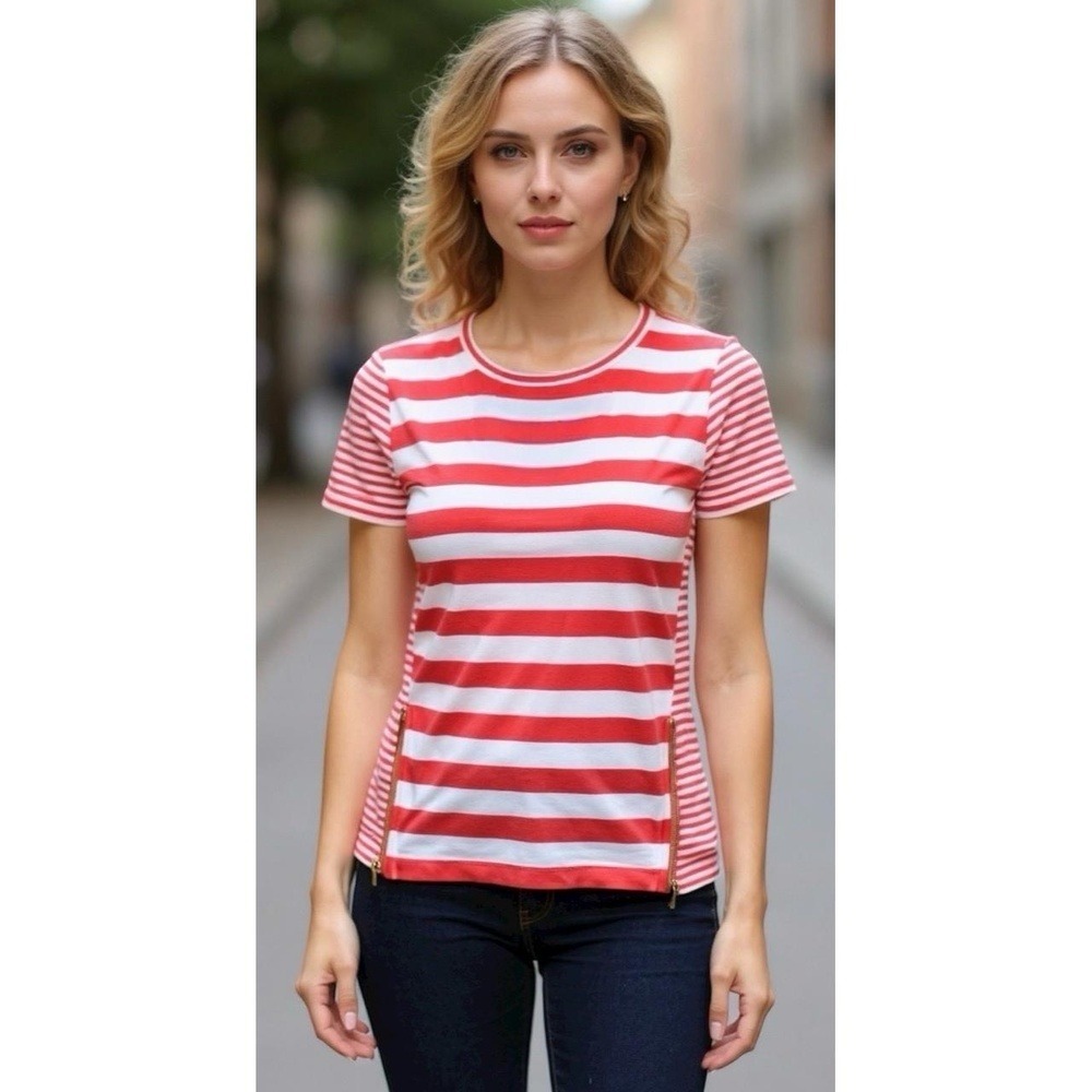 Michael Kors Red White Stripe Short Sleeve T Shirt Top Gold Zip Detail Women's